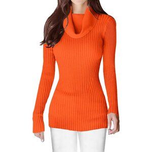Women’s Orange Cowl Neck  Long Sleeve Stretchable Knit Bodycon Sexy Sweater